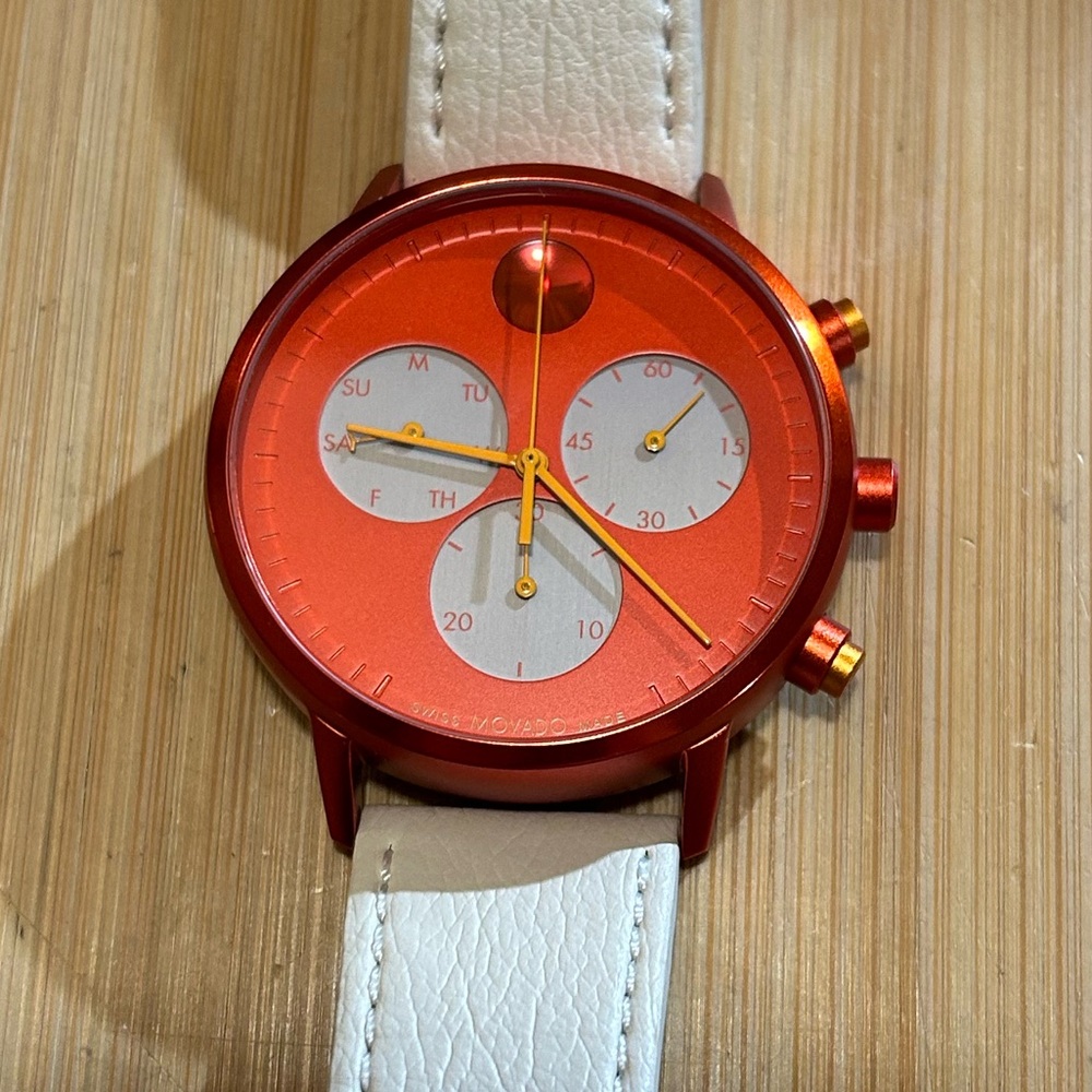 Movado FACE Watch With 43mm Orange Red Tone Chronograph Face &Cream Leather Band - Picture 4 of 9